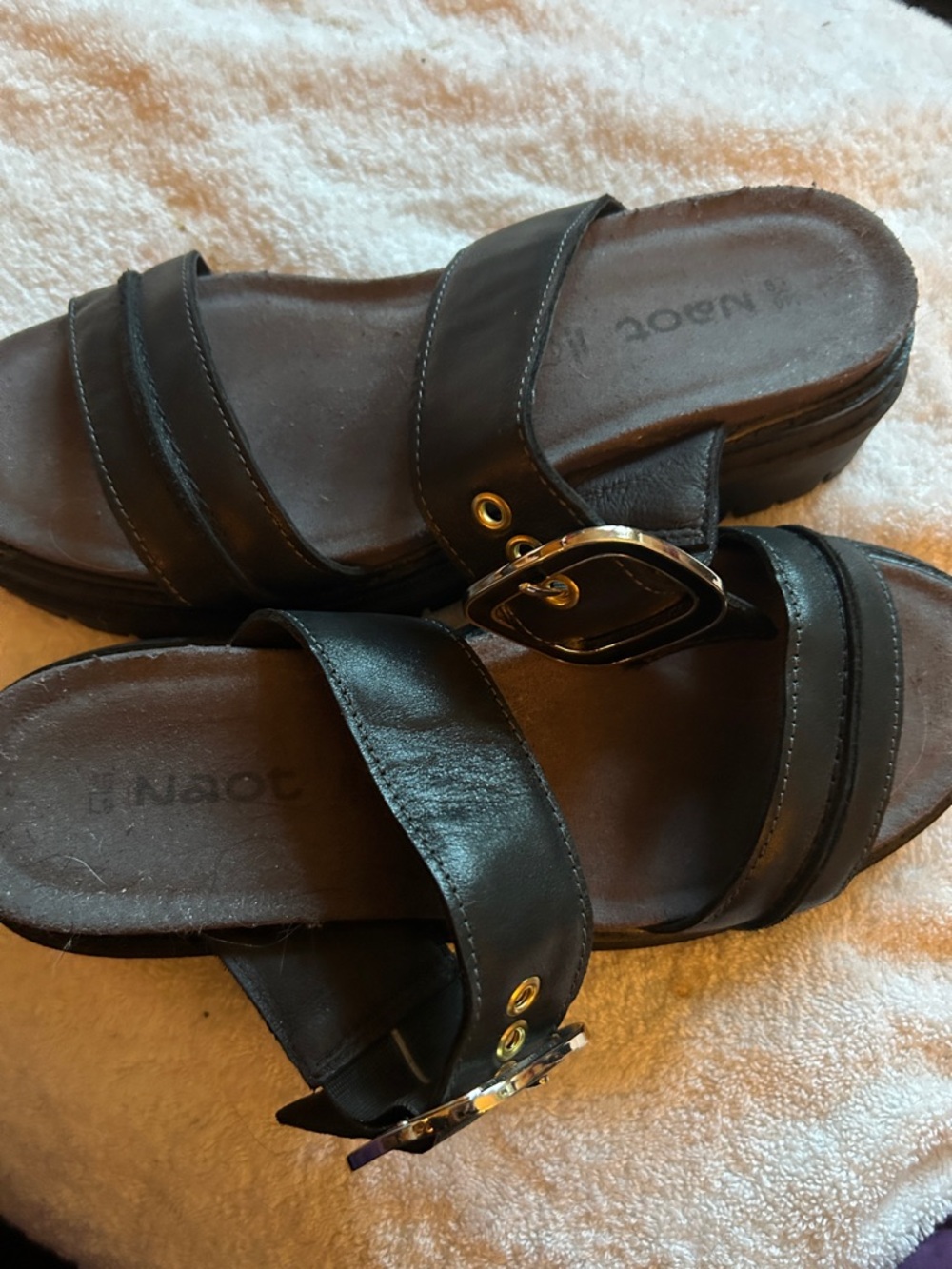 Naot Black Leather Slide Mules with Buckle